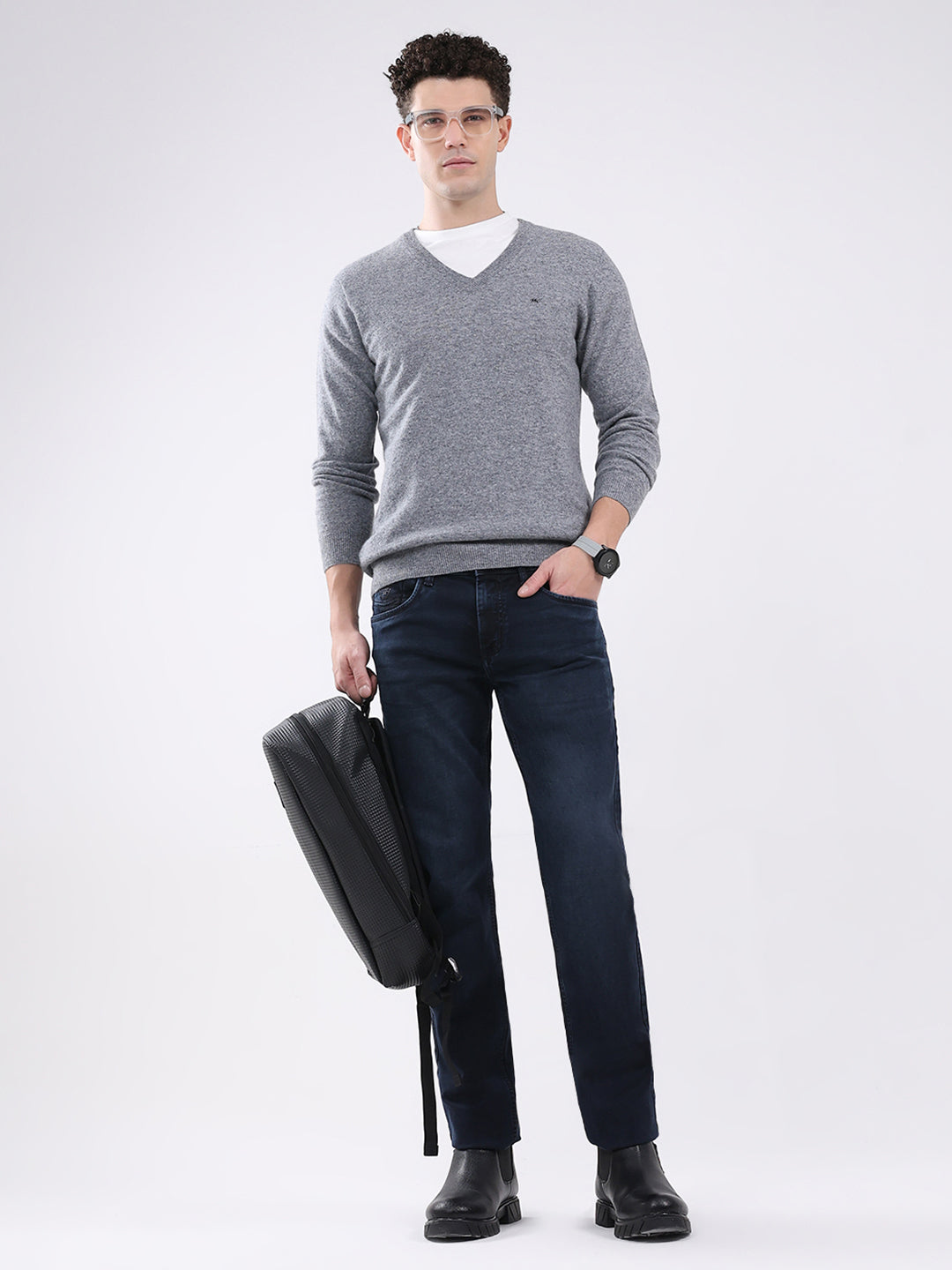 Men Grey Solid V Neck Full Sleeve Pullover