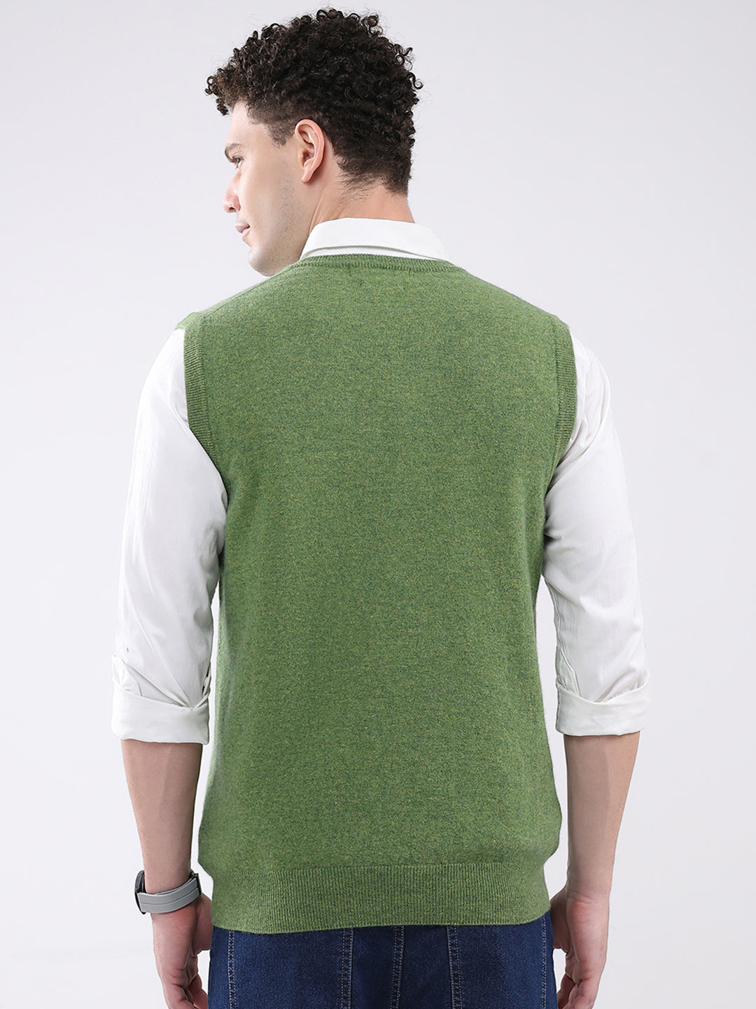 Men Green Solid V Neck Sleeveless Sweater