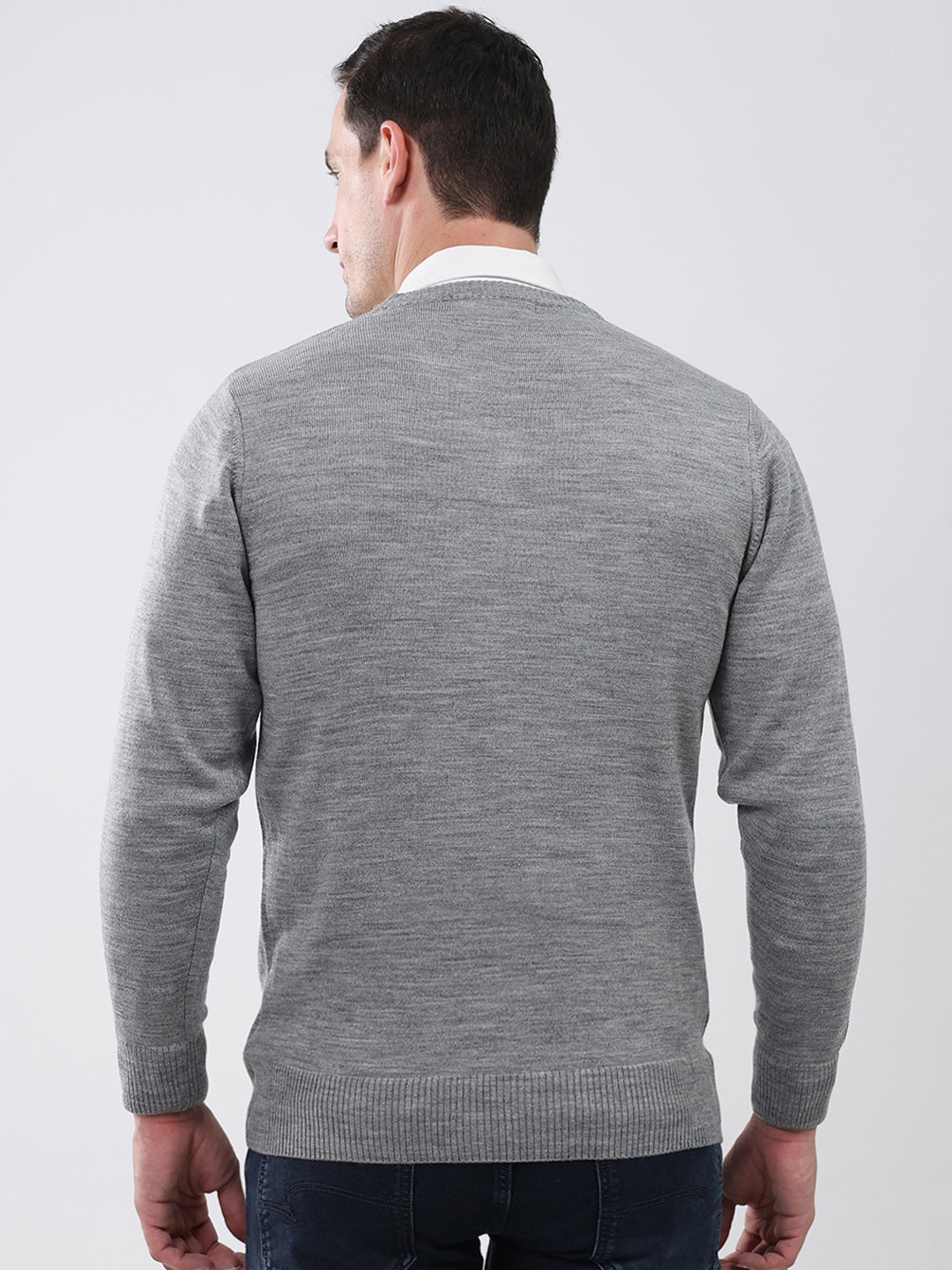 Men Grey Solid V Neck Full Sleeve Pullover