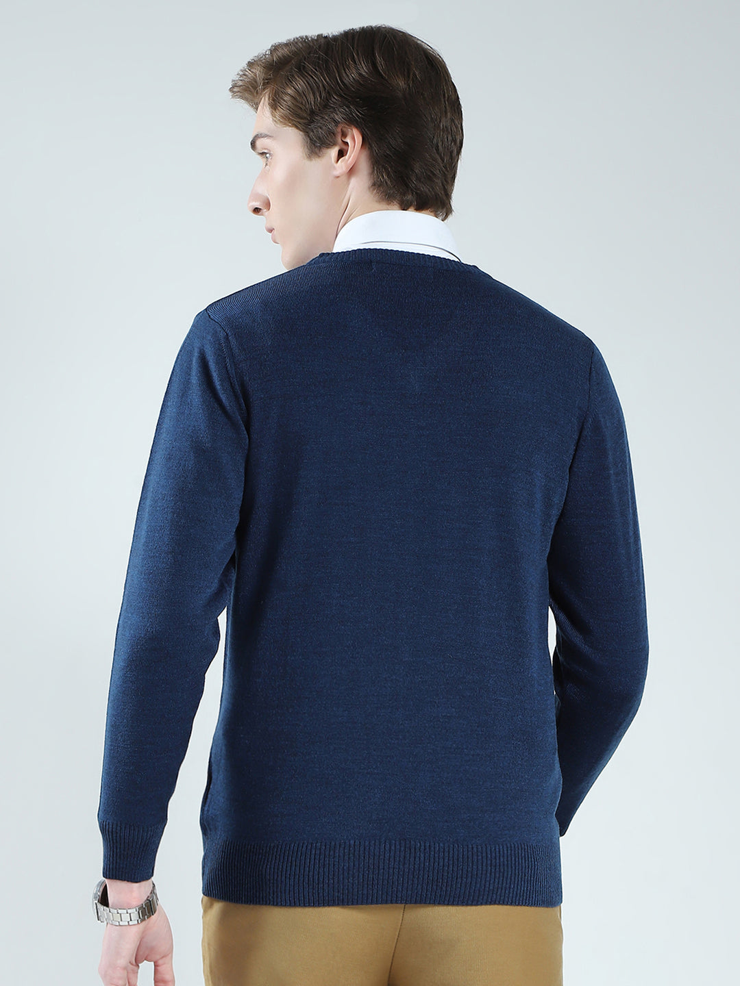 Men Blue Solid V Neck Full Sleeve Pullover