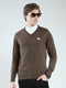 Men Brown Solid V Neck Full Sleeve Pullover