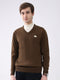 Men Brown Solid V Neck Full Sleeve Pullover