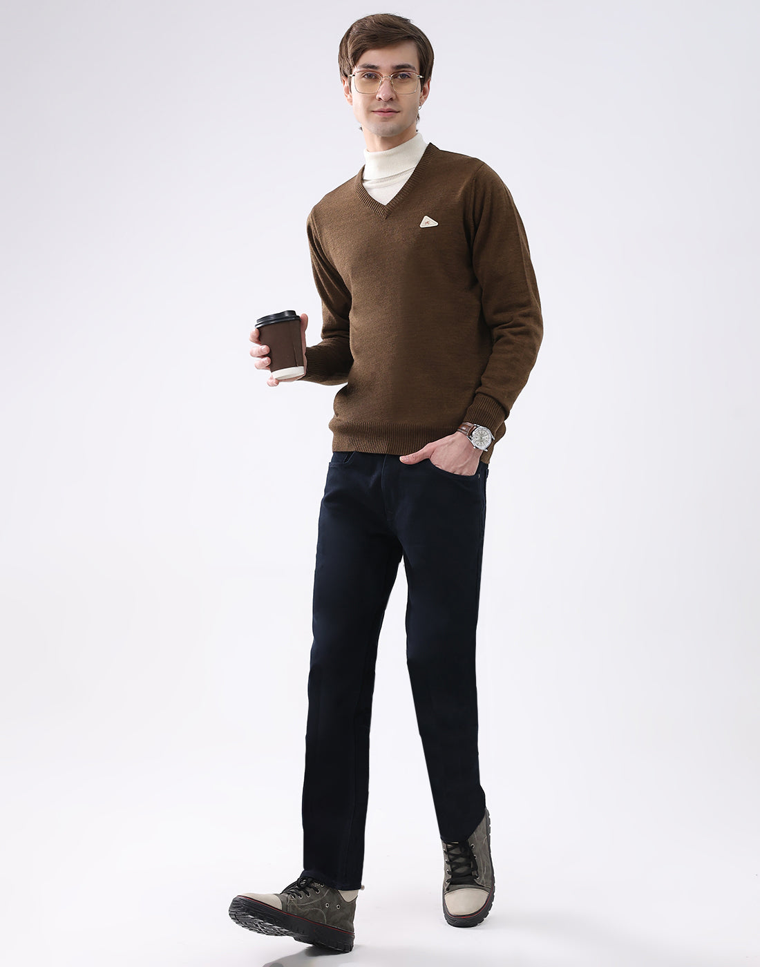 Men Brown Solid V Neck Full Sleeve Pullover