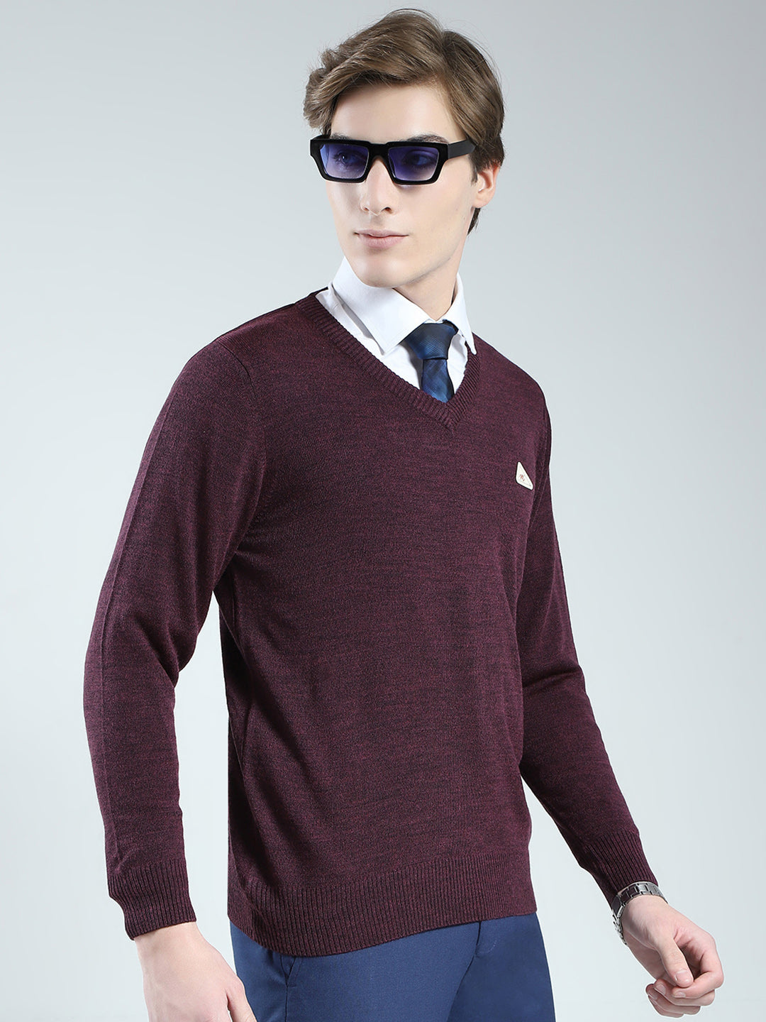 Men Purple Solid V Neck Full Sleeve Pullover