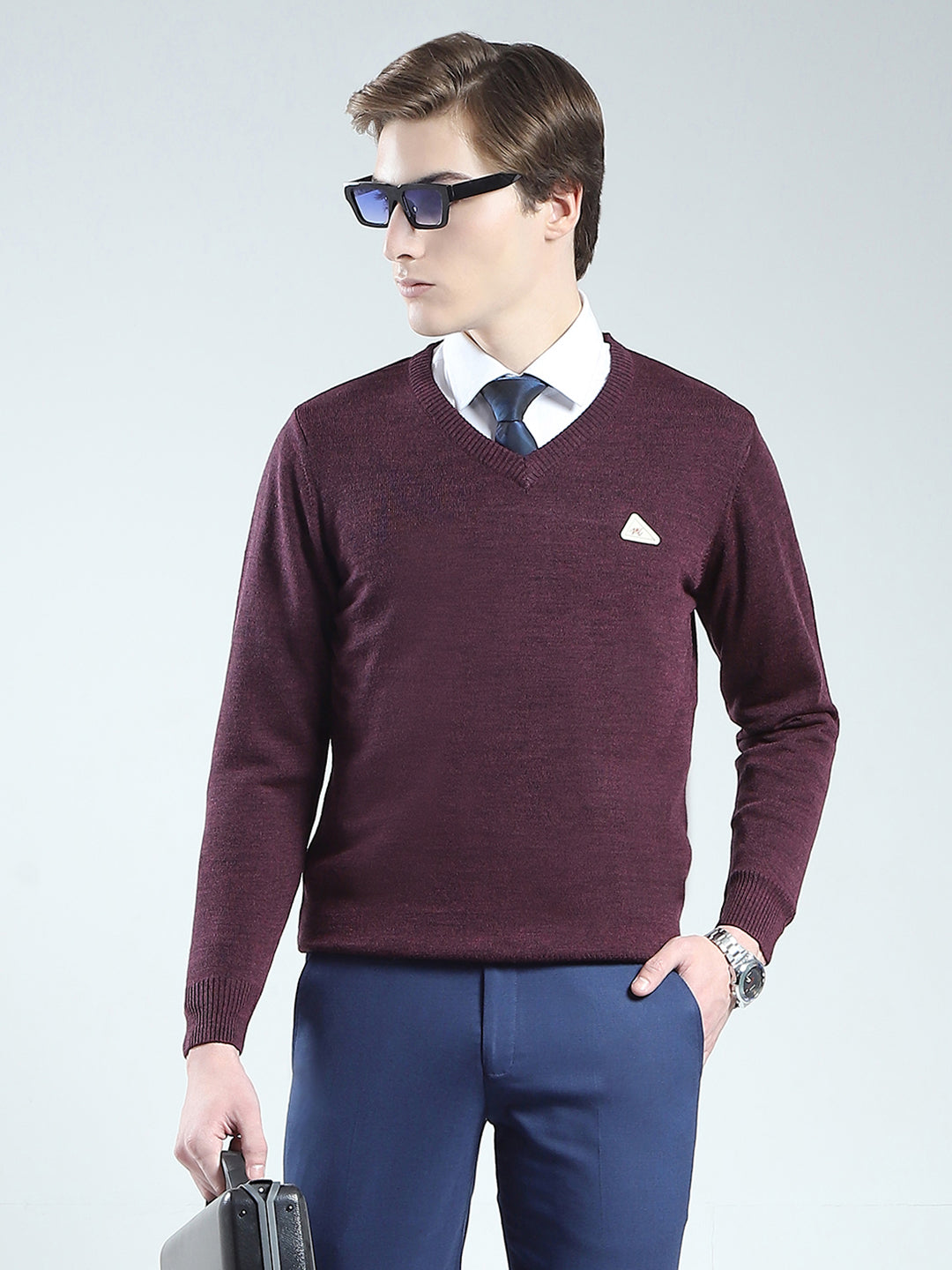 Men Purple Solid V Neck Full Sleeve Pullover