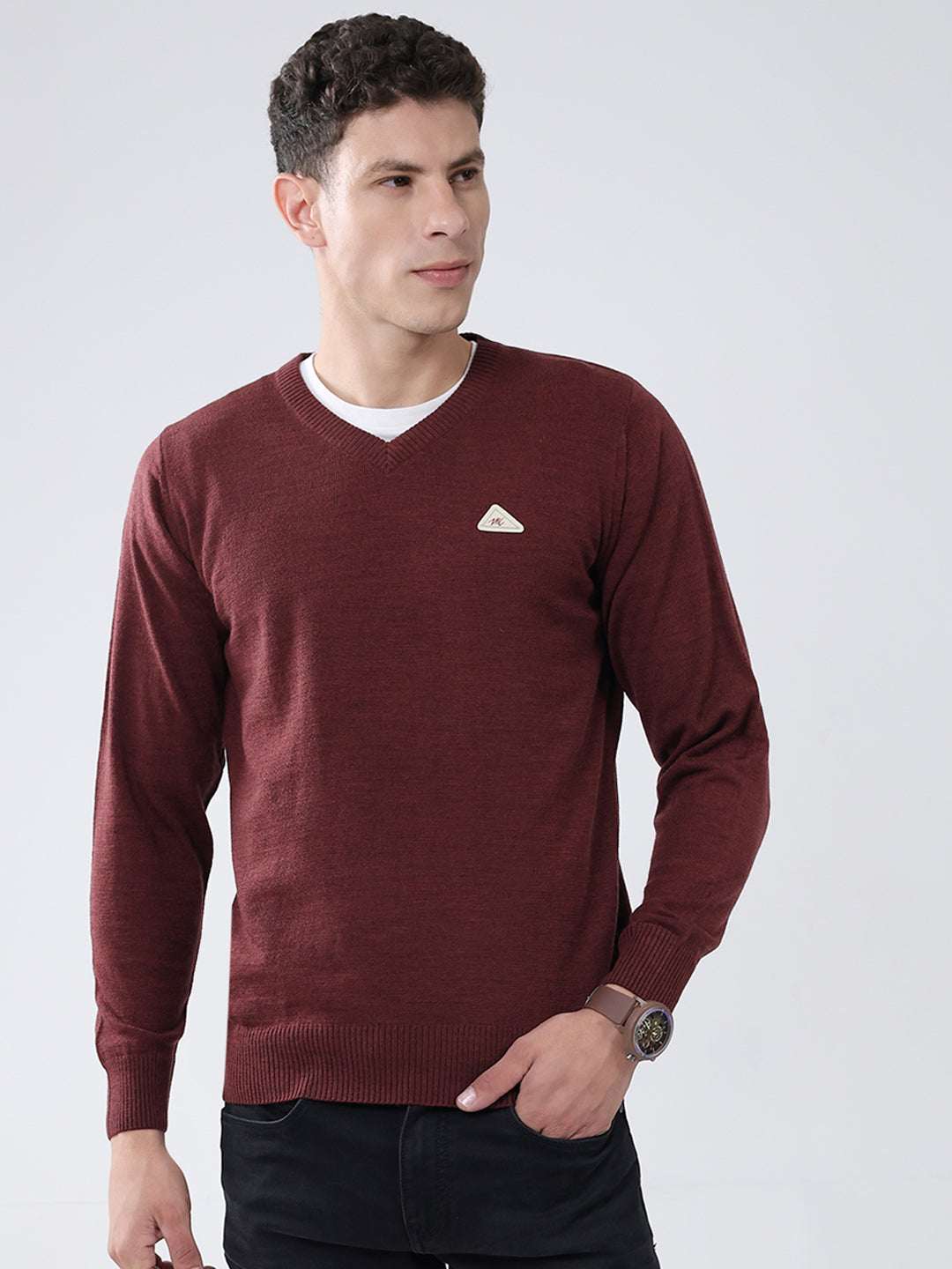Men Maroon Solid V Neck Full Sleeve Pullover