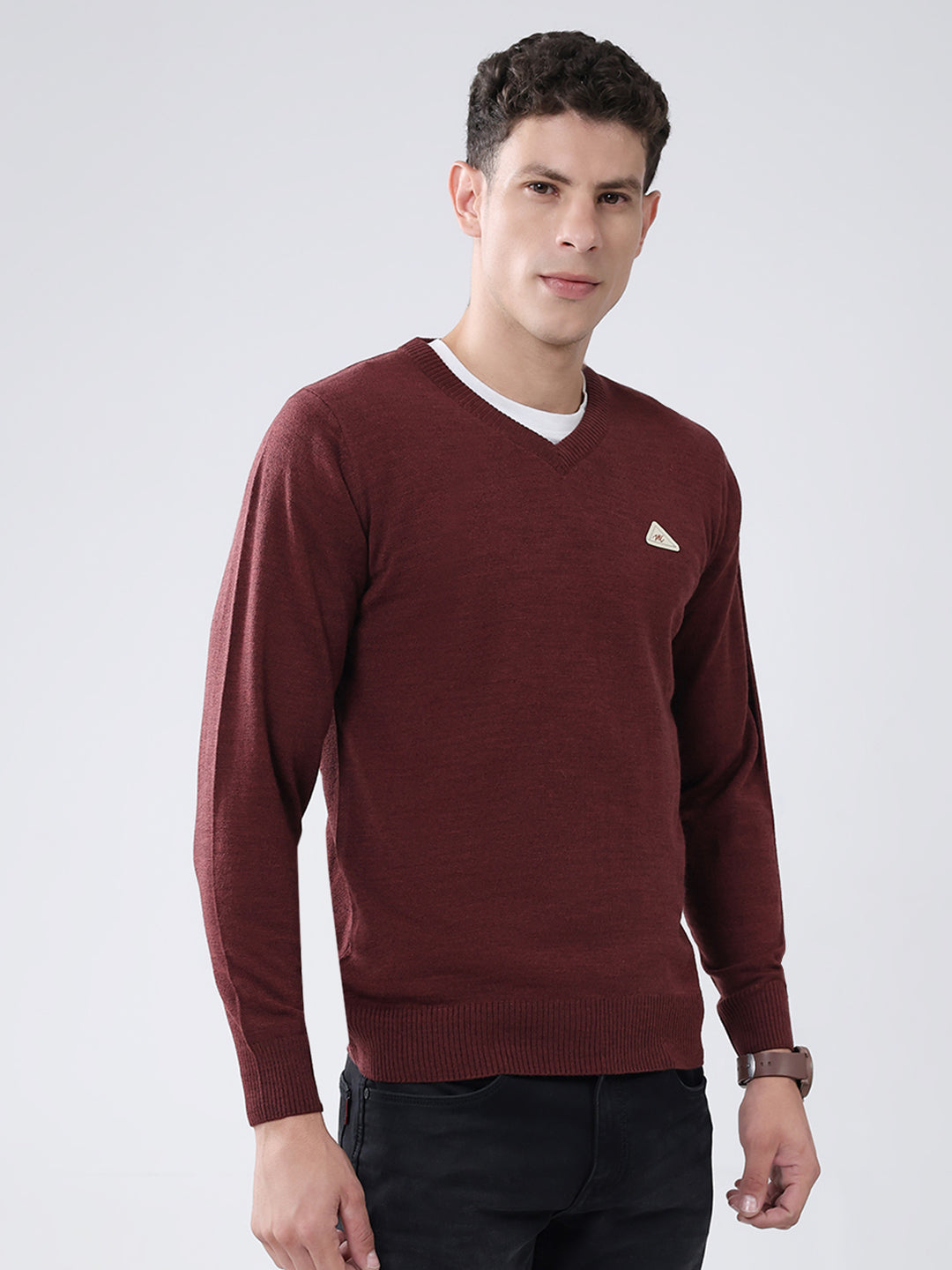Men Maroon Solid V Neck Full Sleeve Pullover