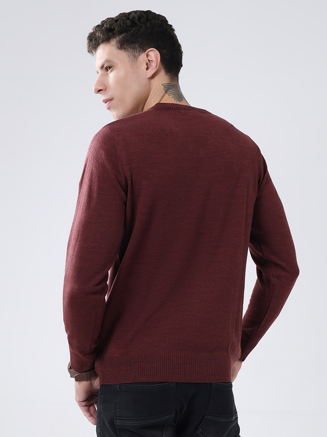 Men Maroon Solid V Neck Full Sleeve Pullover