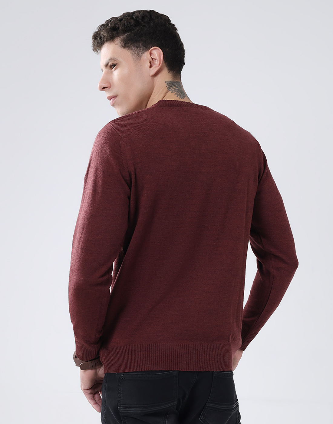 Men Maroon Solid V Neck Full Sleeve Pullover