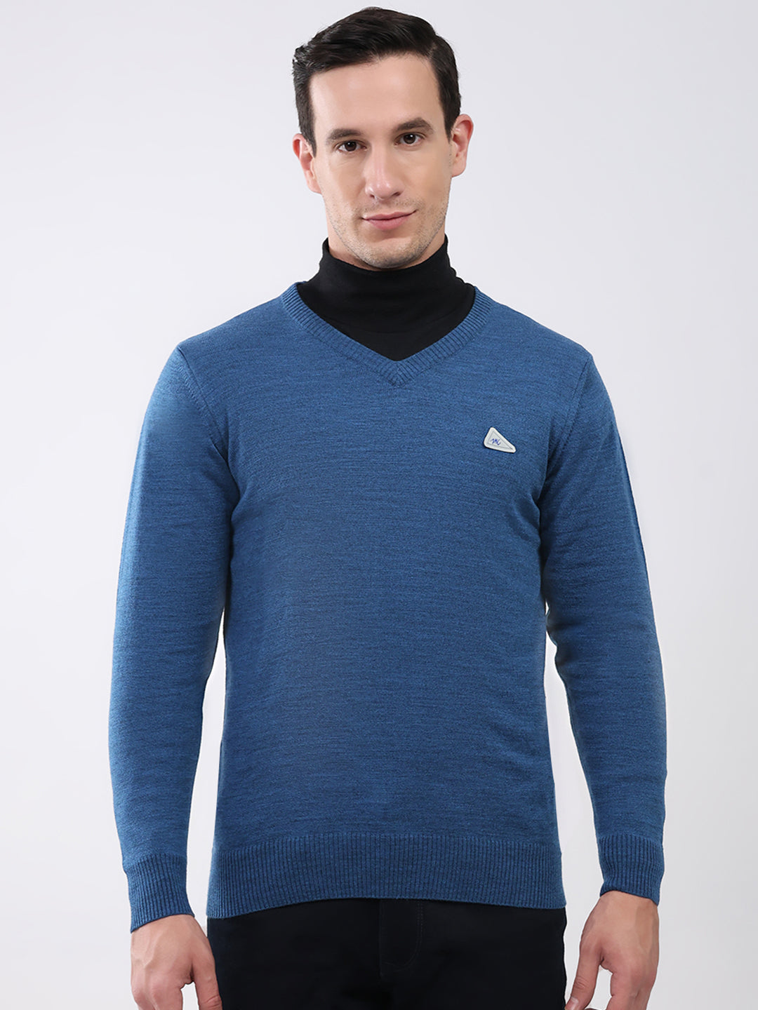 Men Blue Solid V Neck Full Sleeve Pullover