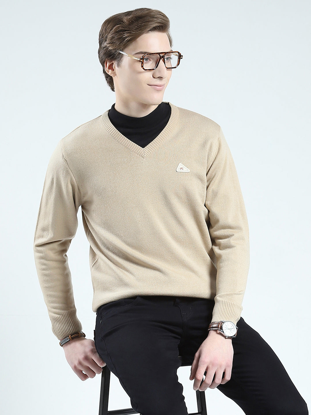 Men Beige Solid V Neck Full Sleeve Pullover