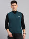 Men Teal Blue Solid V Neck Sleeveless Sweater