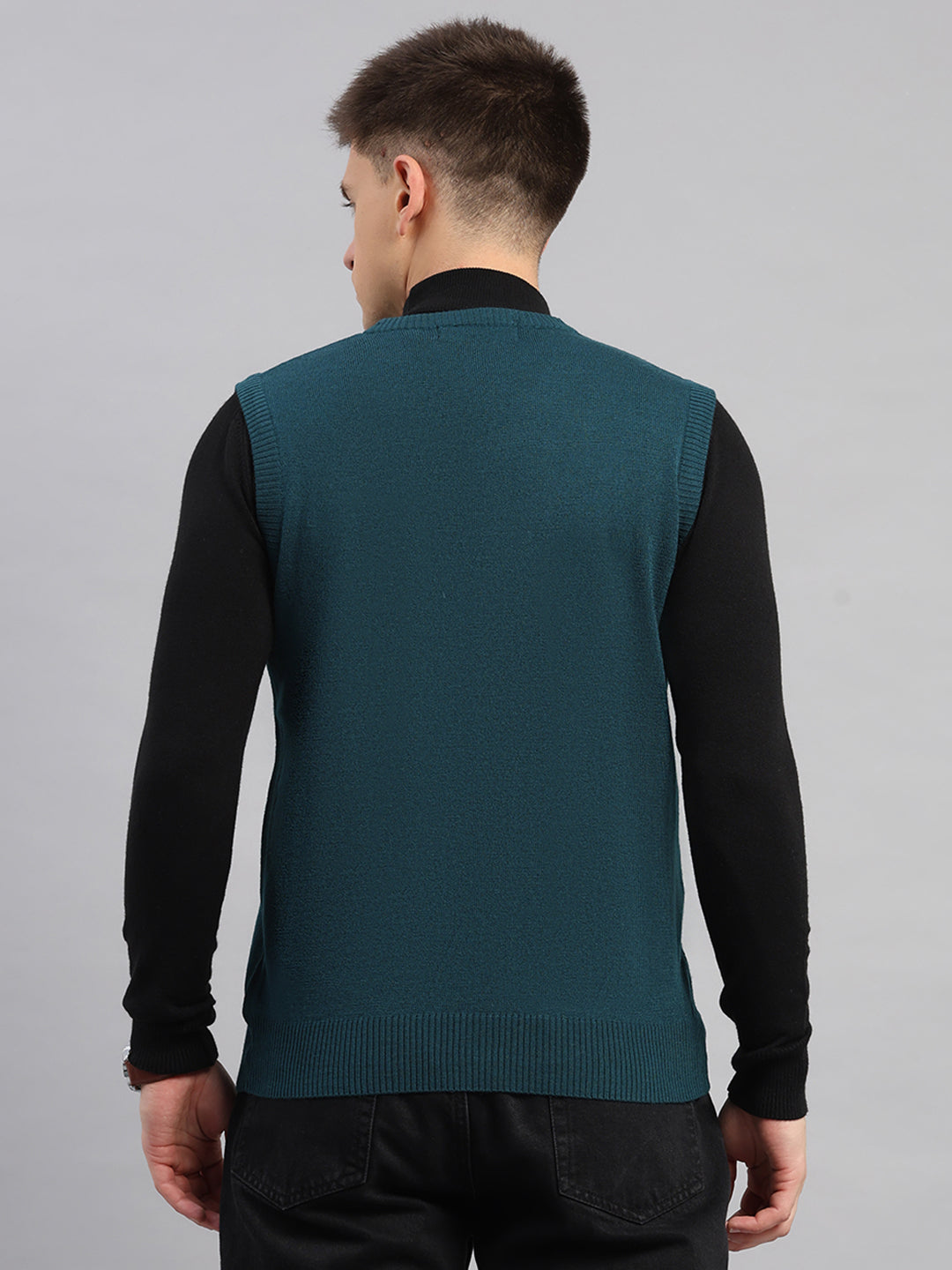 Men Teal Blue Solid V Neck Sleeveless Sweater