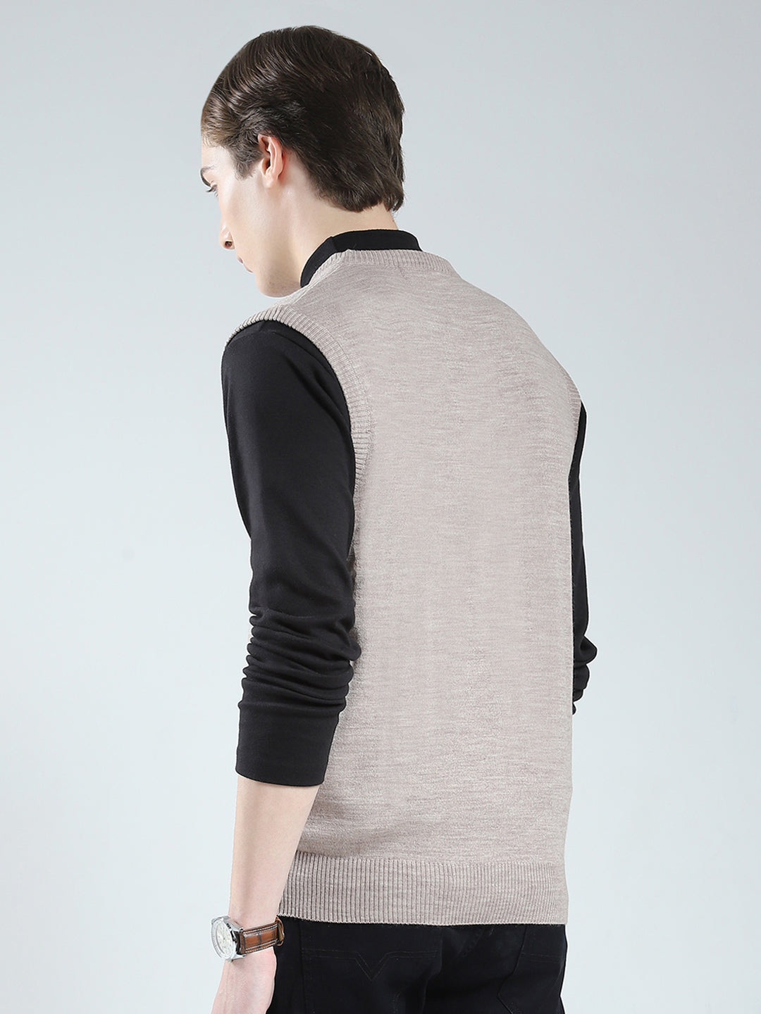 Men Grey Solid V Neck Sleeveless Sweater