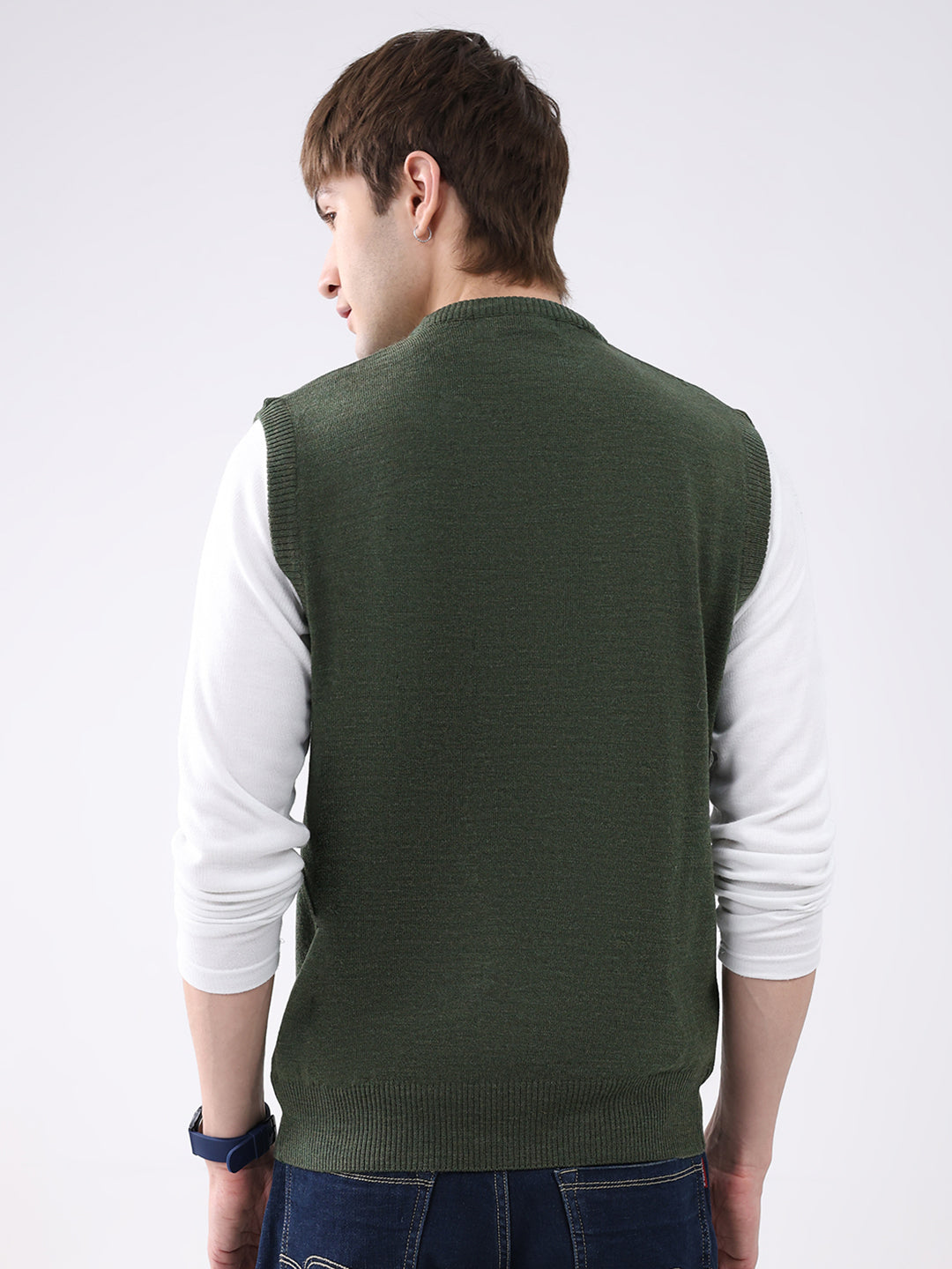 Men Green Solid V Neck Sleeveless Sweater