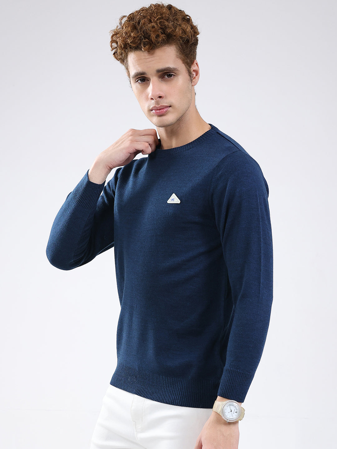 Men Blue Solid Round Neck Full Sleeve Pullover
