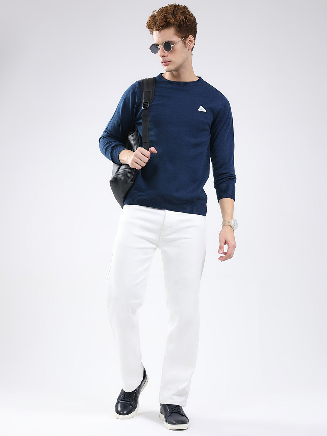 Men Blue Solid Round Neck Full Sleeve Pullover