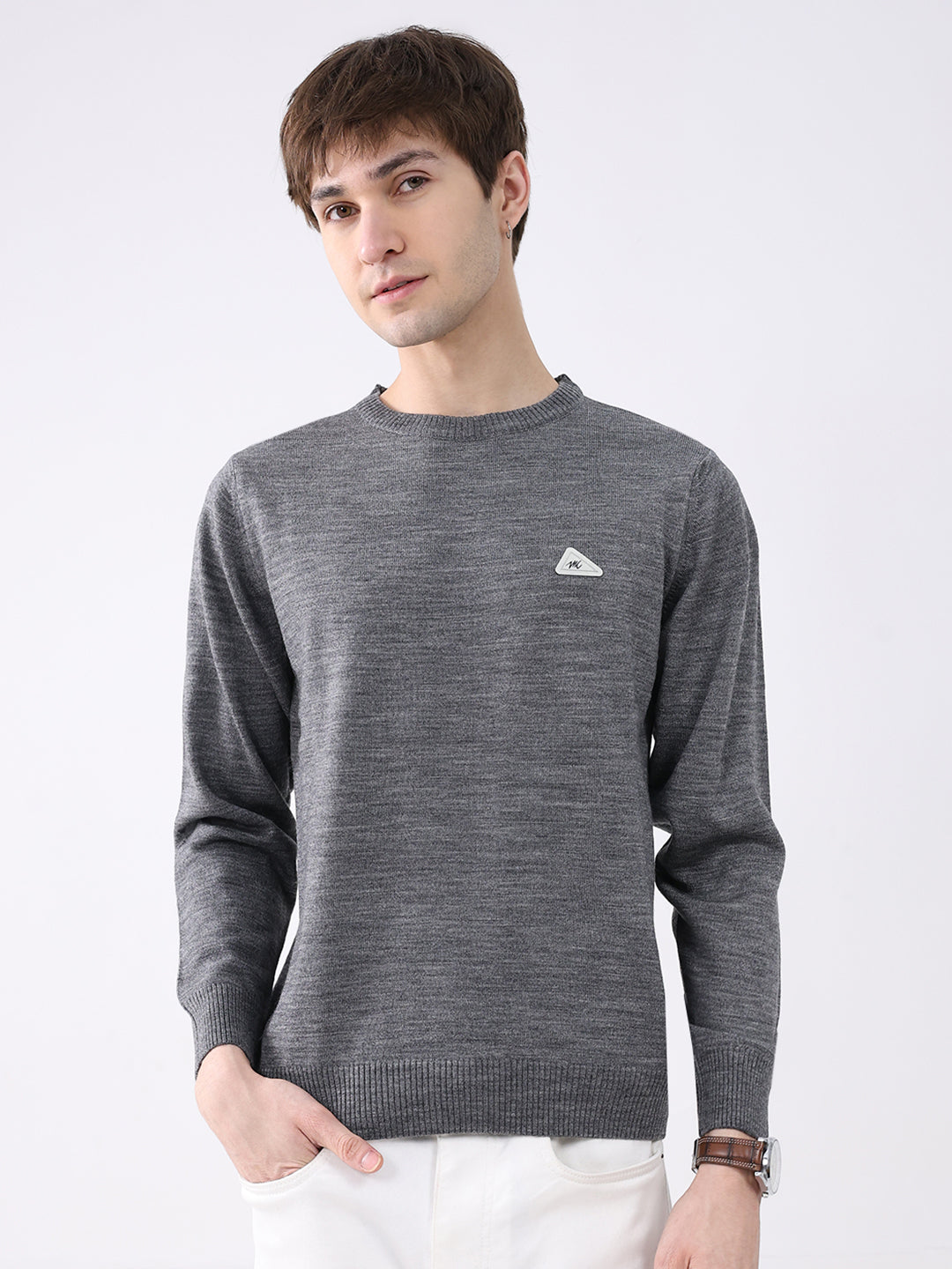 Men Grey Solid Round Neck Full Sleeve Pullover