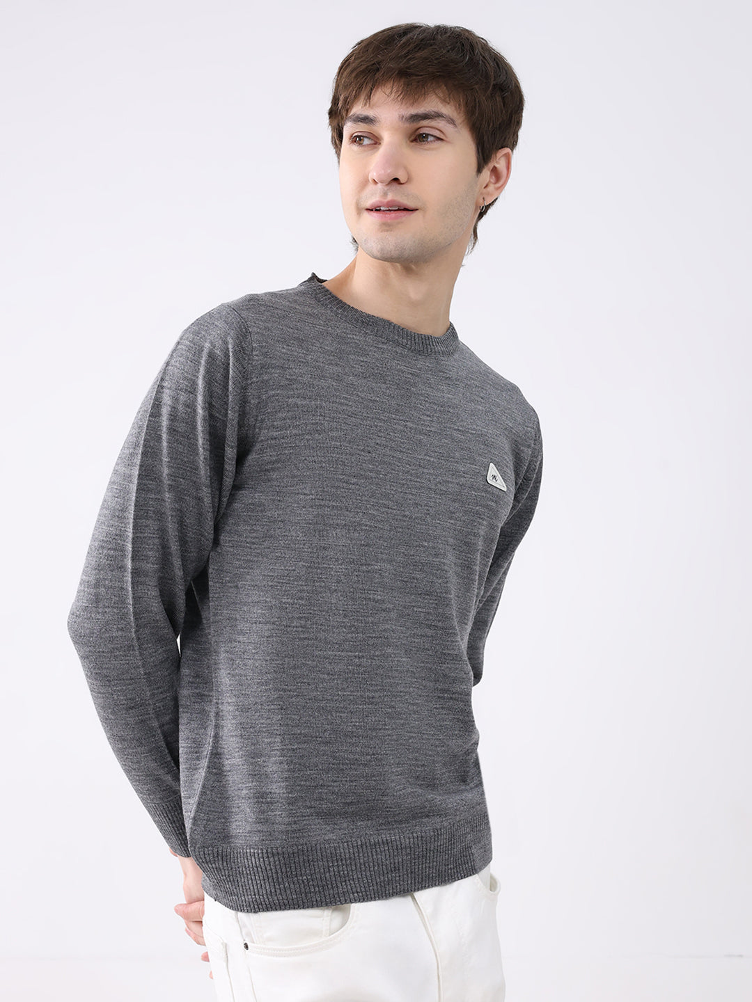 Men Grey Solid Round Neck Full Sleeve Pullover