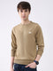 Men Camel Brown Solid Round Neck Full Sleeve Pullover
