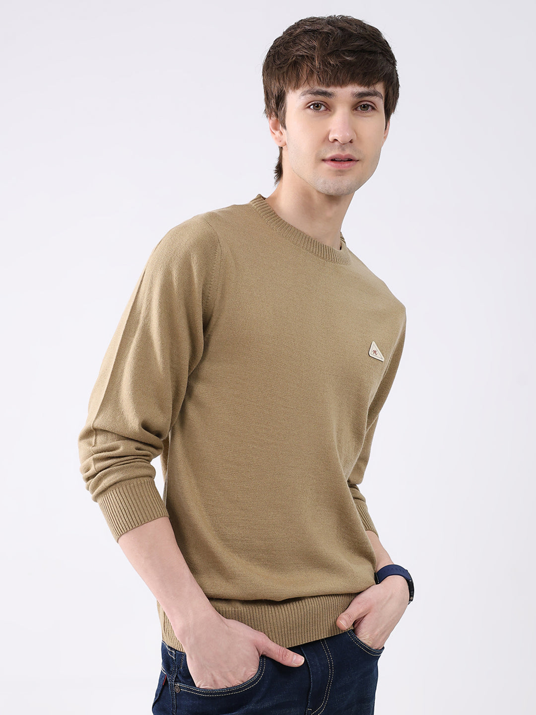 Men Camel Brown Solid Round Neck Full Sleeve Pullover