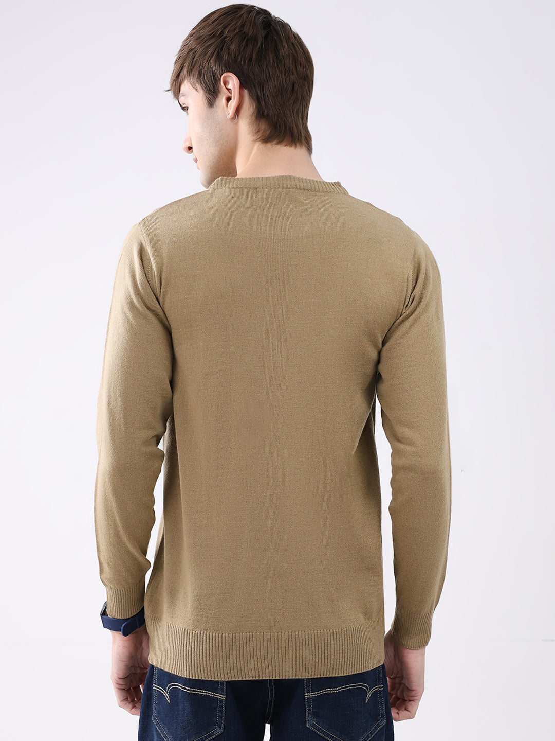 Men Camel Brown Solid Round Neck Full Sleeve Pullover