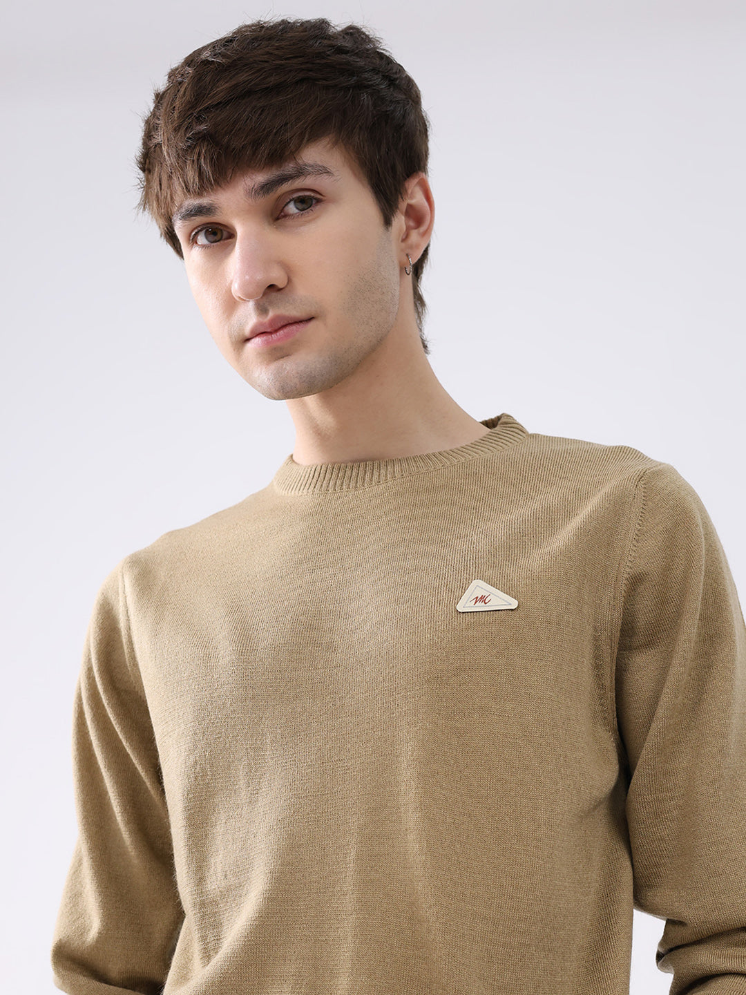 Men Camel Brown Solid Round Neck Full Sleeve Pullover