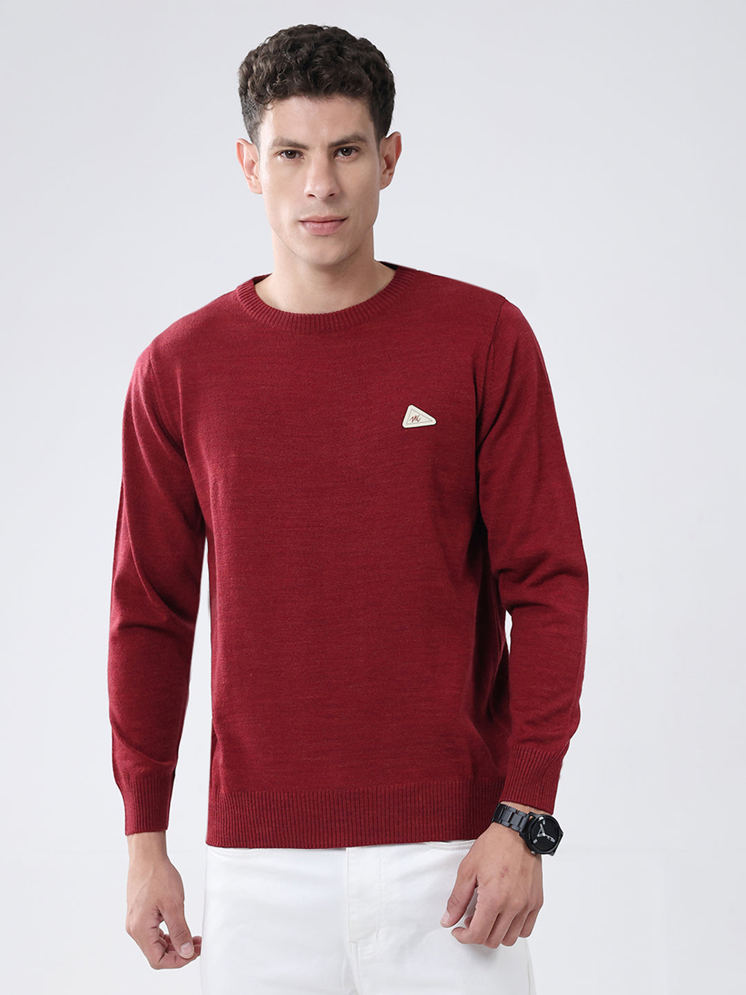 Men Red Solid Round Neck Full Sleeve Pullover
