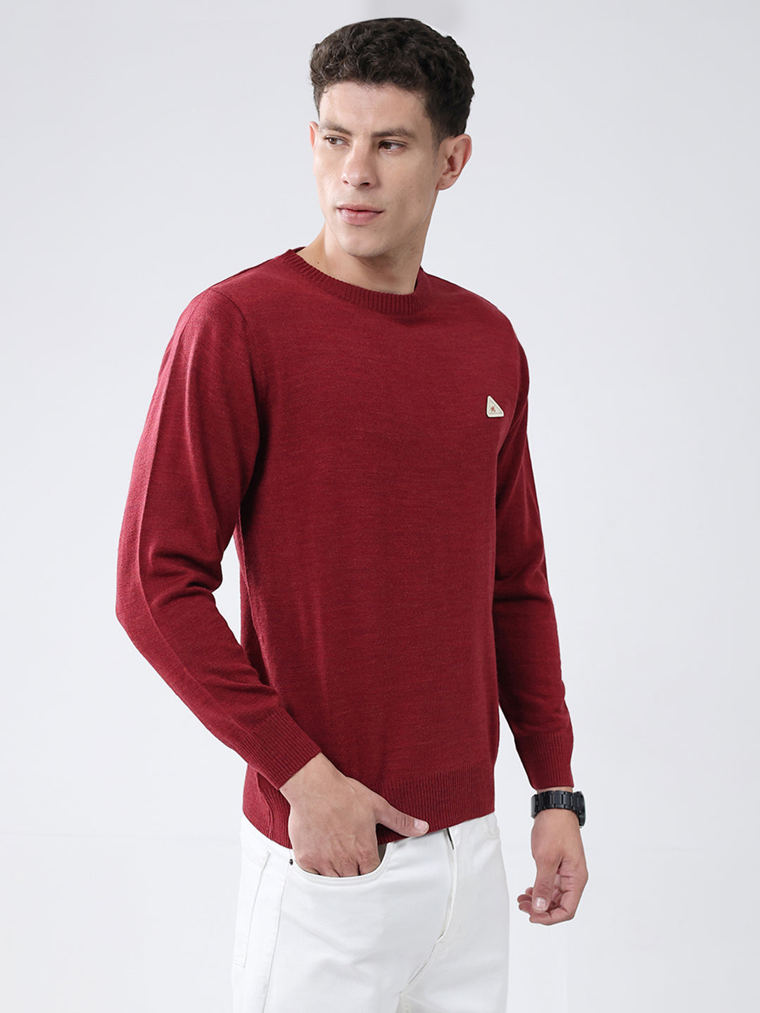 Men Red Solid Round Neck Full Sleeve Pullover
