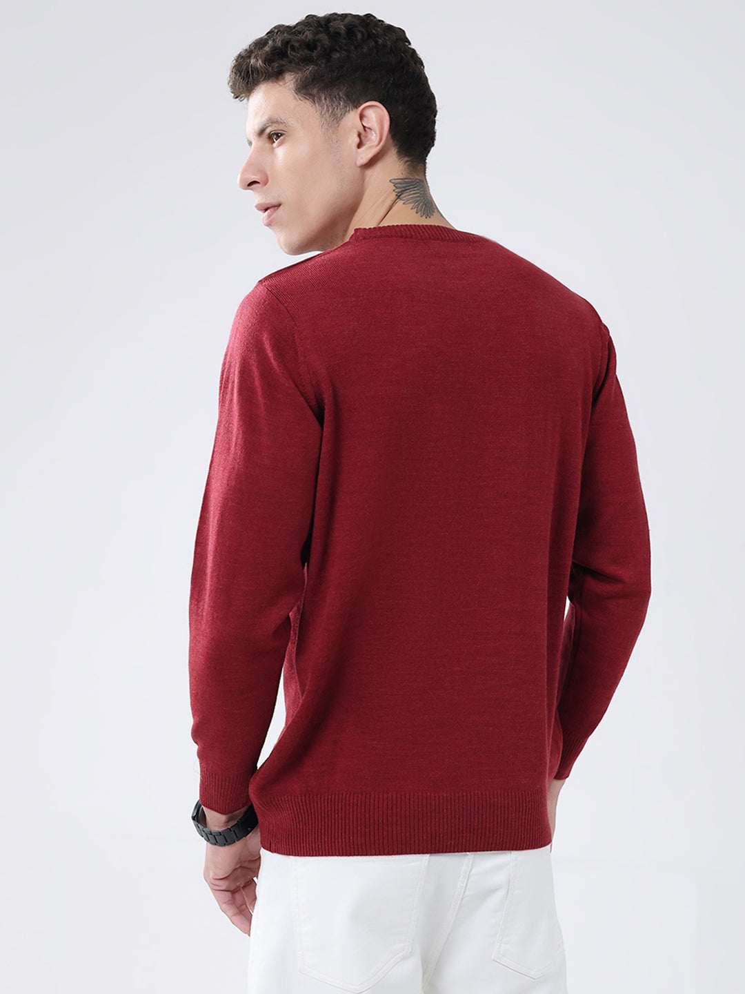 Men Red Solid Round Neck Full Sleeve Pullover