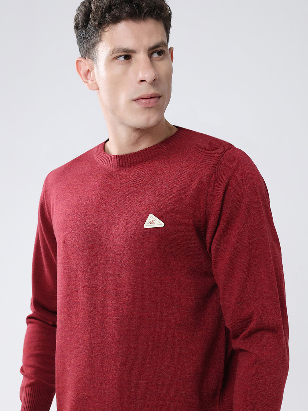 Men Red Solid Round Neck Full Sleeve Pullover