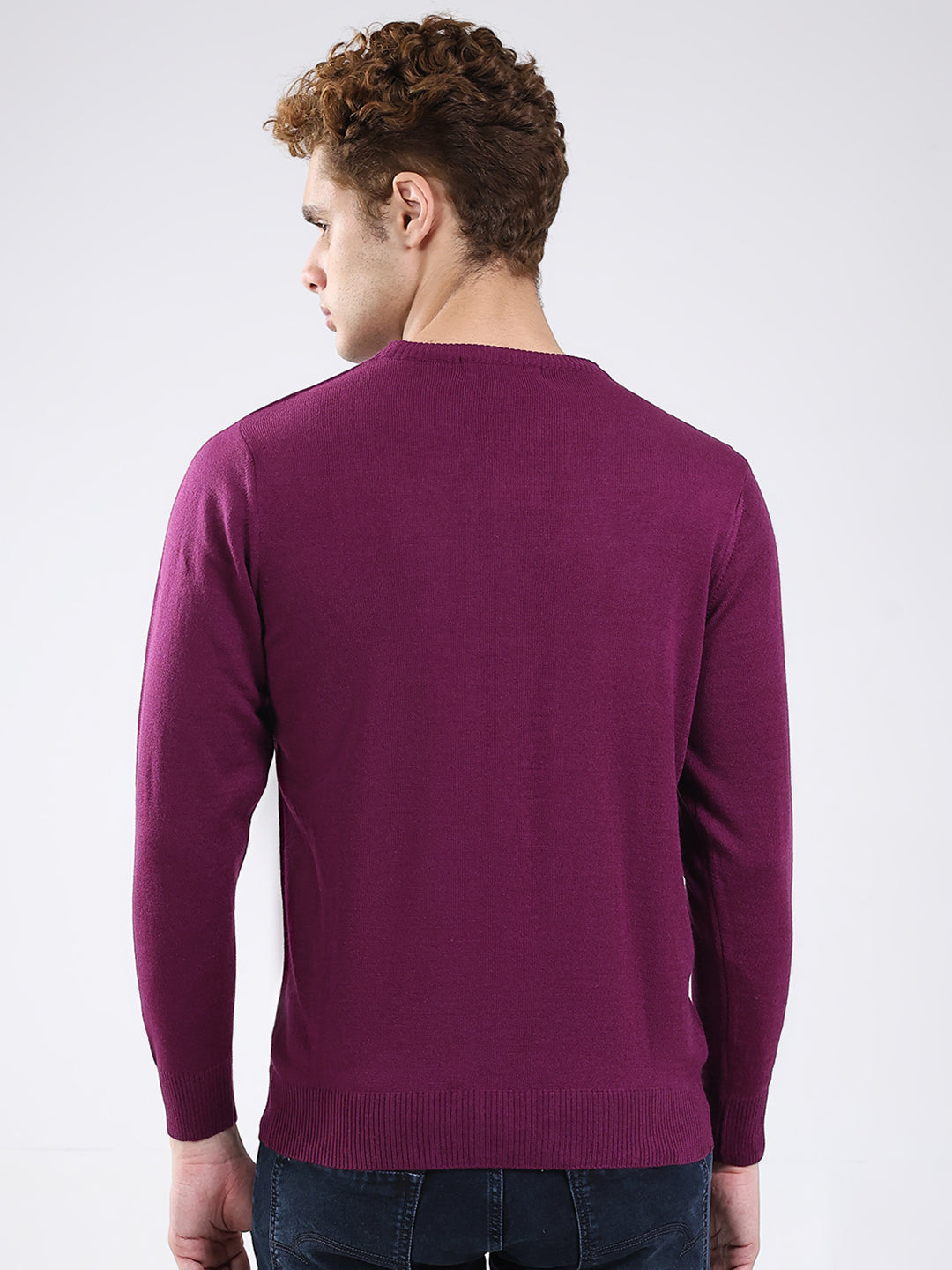 Men Purple Solid Round Neck Full Sleeve Pullover