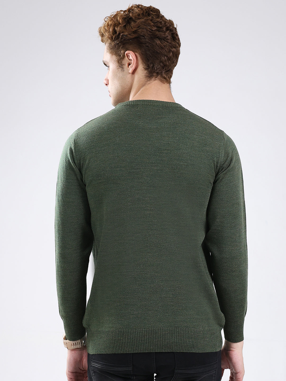 Men Green Solid Round Neck Full Sleeve Pullover