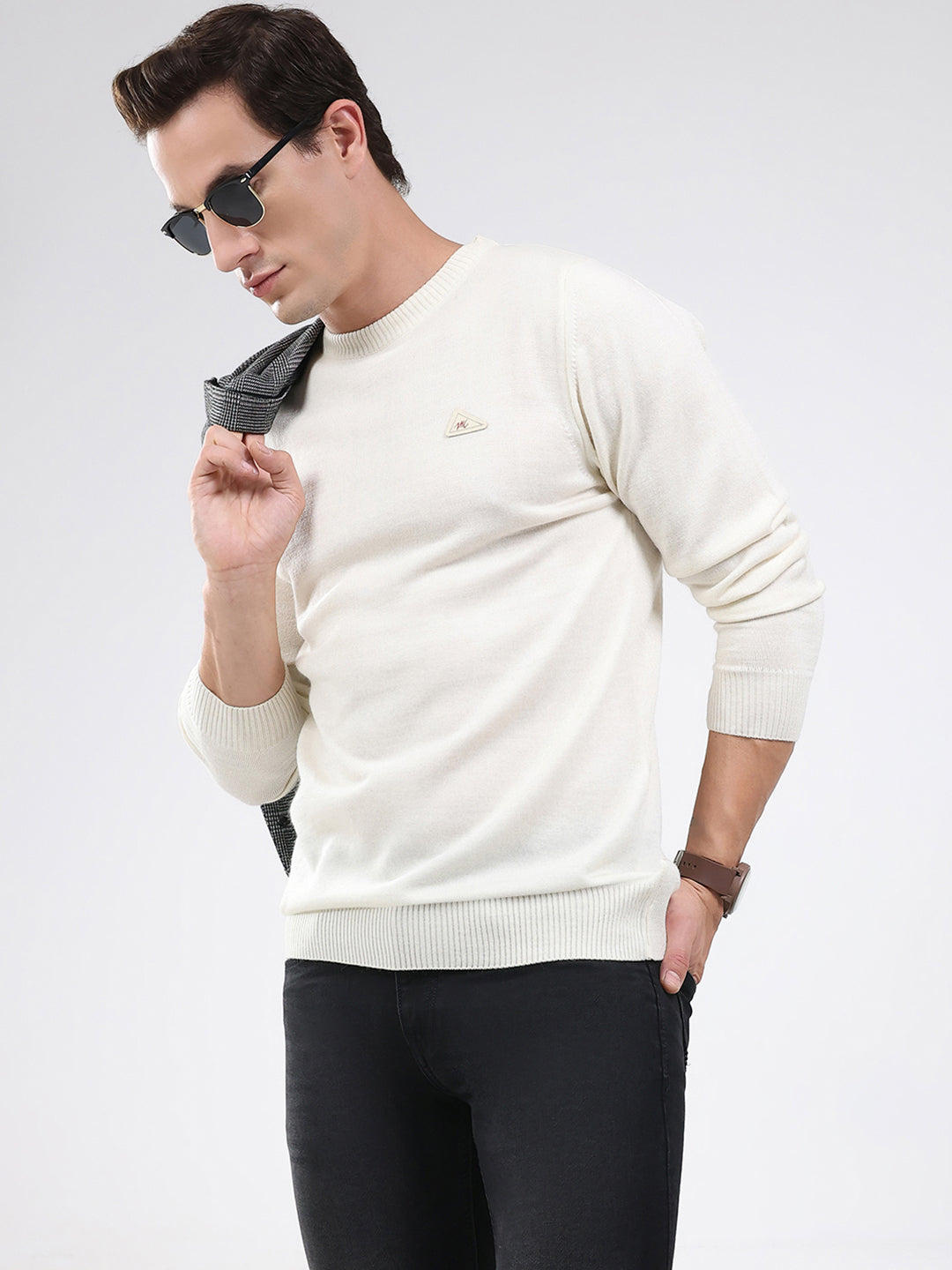 Men Cream Solid Round Neck Full Sleeve Pullover