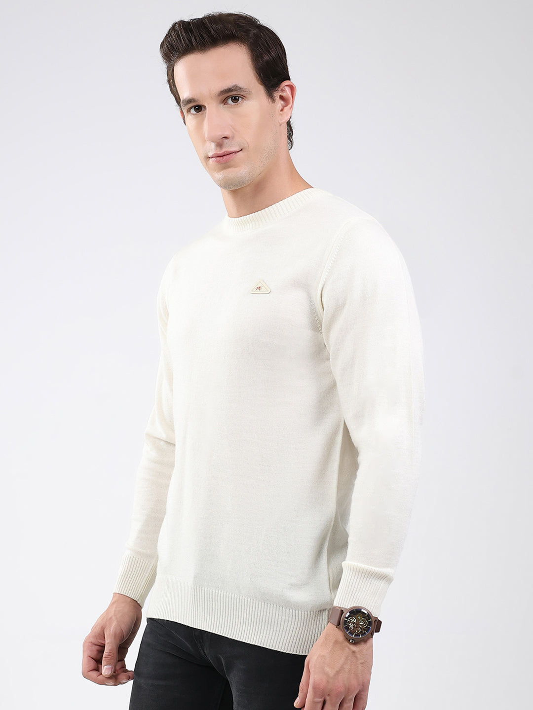 Men Cream Solid Round Neck Full Sleeve Pullover