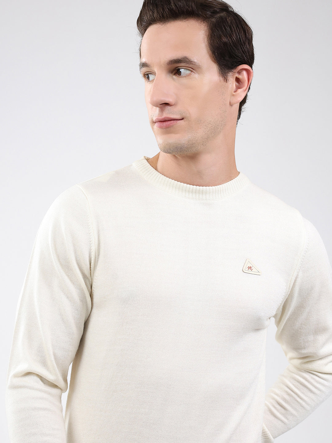 Men Cream Solid Round Neck Full Sleeve Pullover