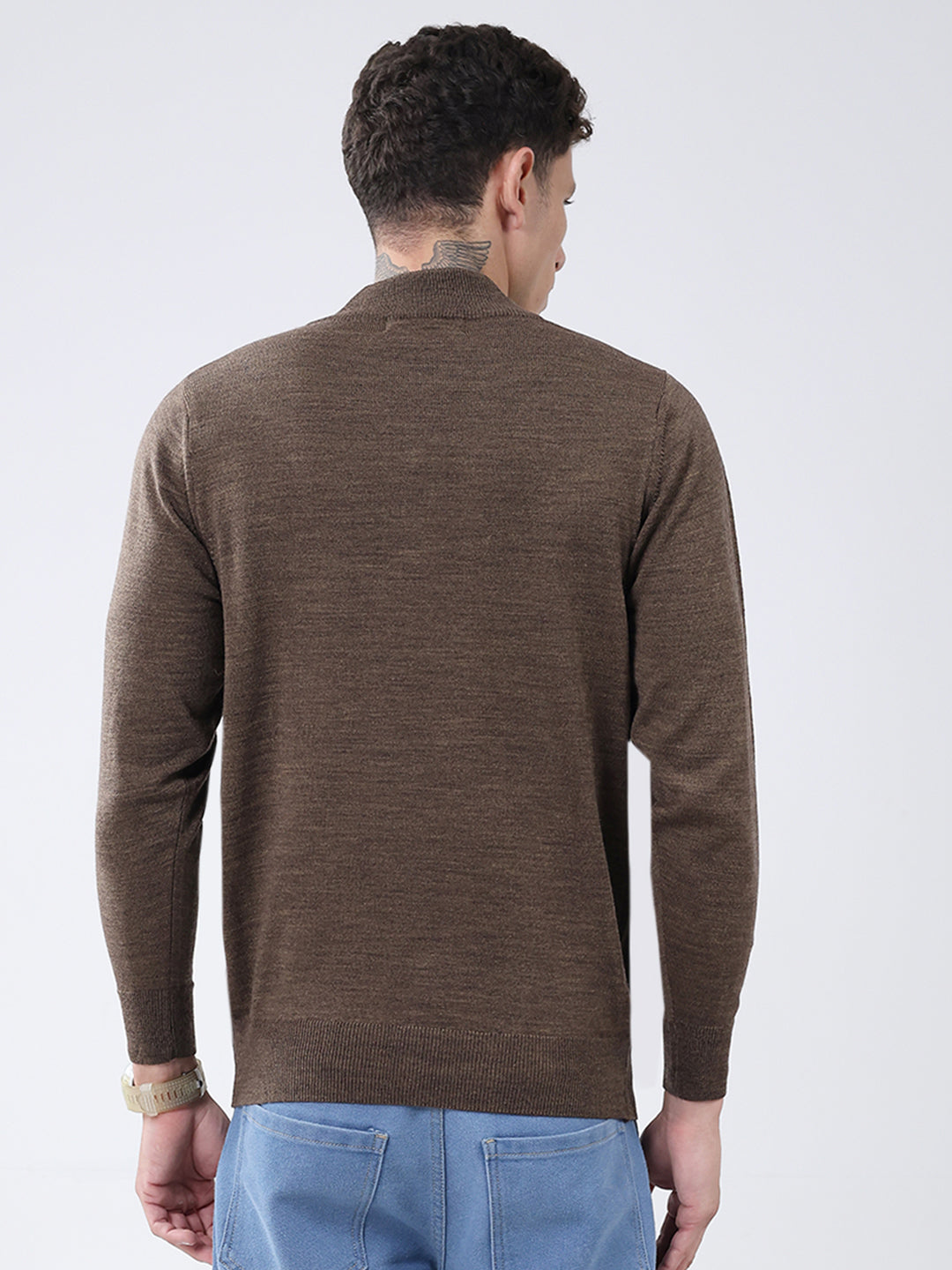 Men Brown Solid Mock Neck Full Sleeve Pullover
