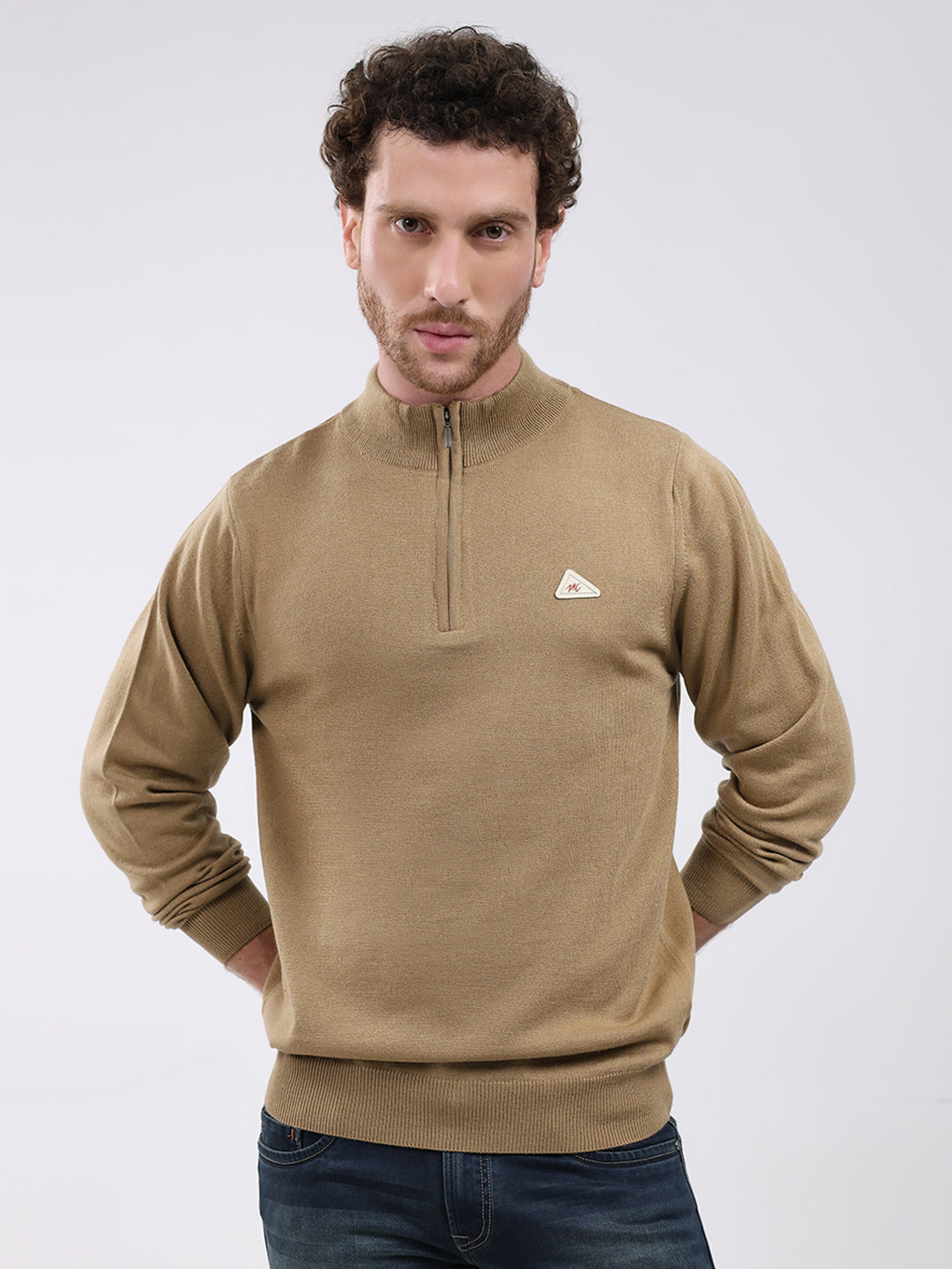 Men Khaki Solid Mock Neck Full Sleeve Pullover