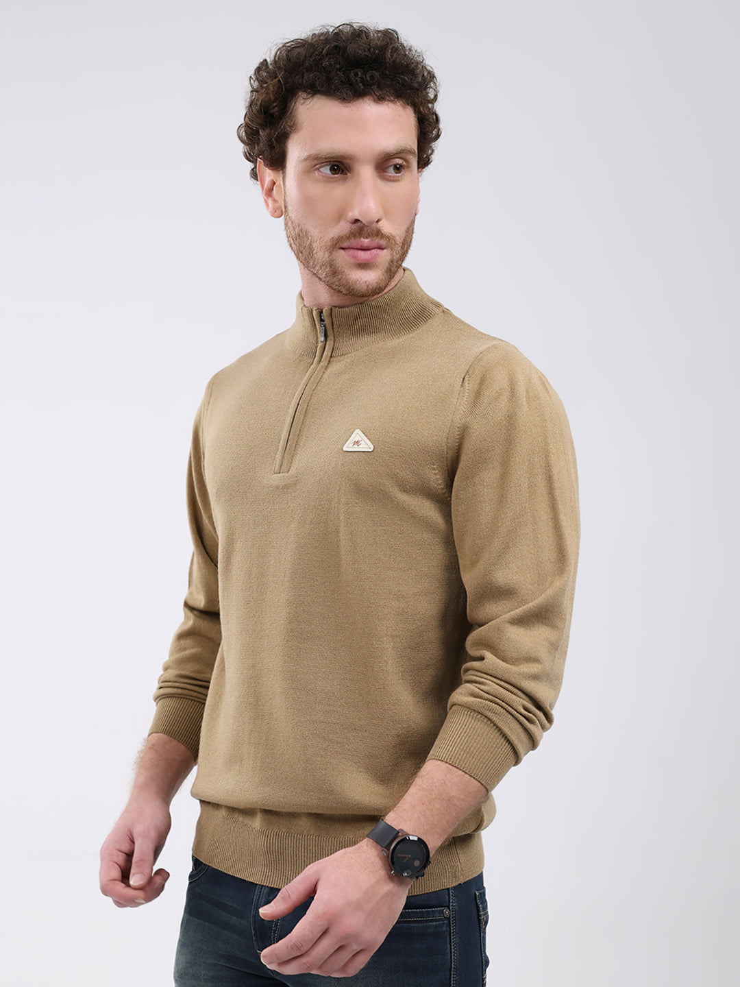 Men Khaki Solid Mock Neck Full Sleeve Pullover