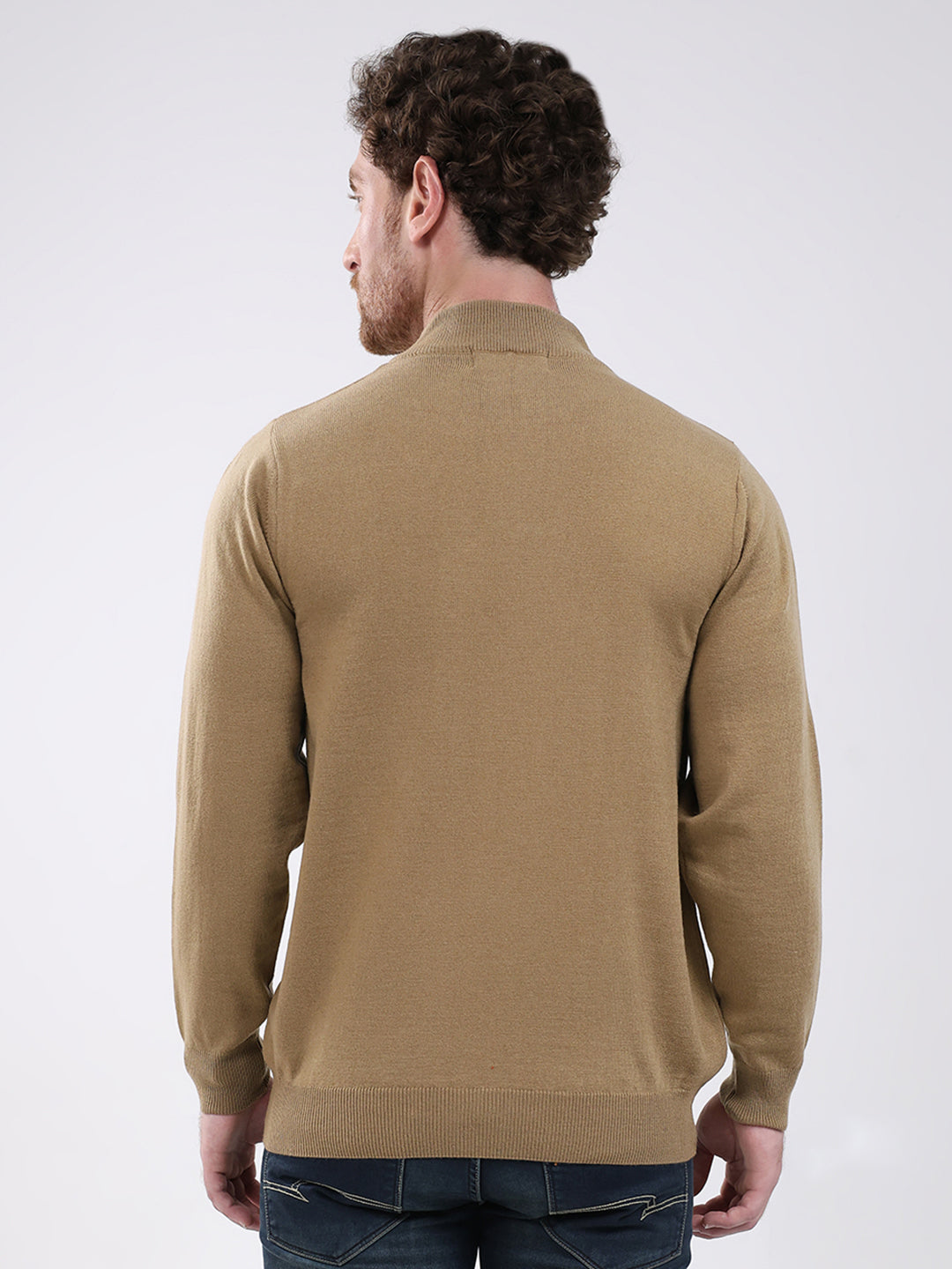 Men Khaki Solid Mock Neck Full Sleeve Pullover
