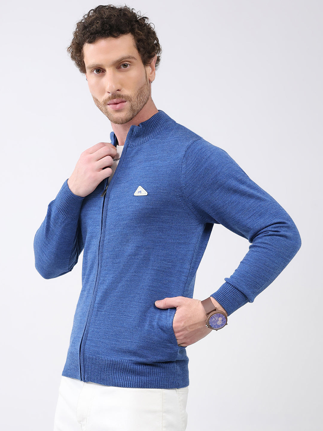 Men Blue Solid Mock Neck Full Sleeve Pullover