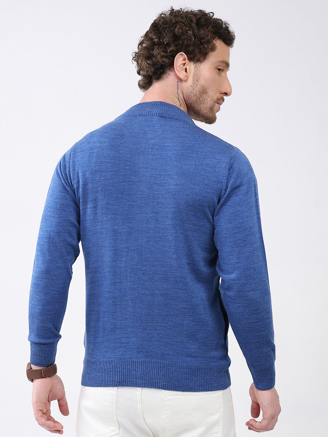 Men Blue Solid Mock Neck Full Sleeve Pullover
