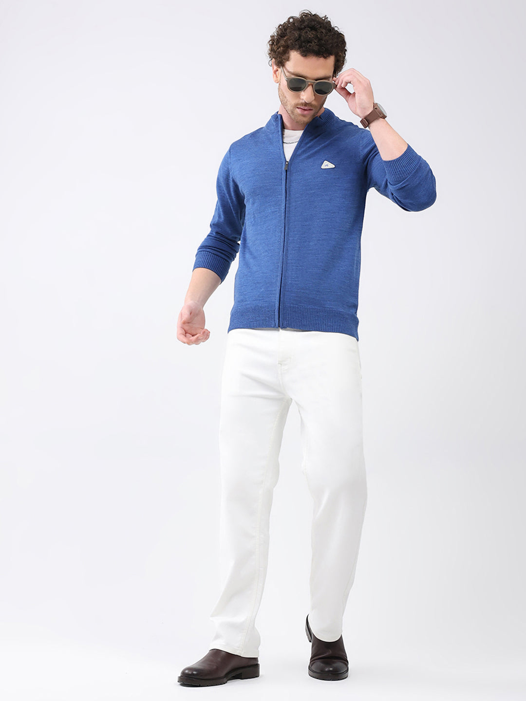 Men Blue Solid Mock Neck Full Sleeve Pullover