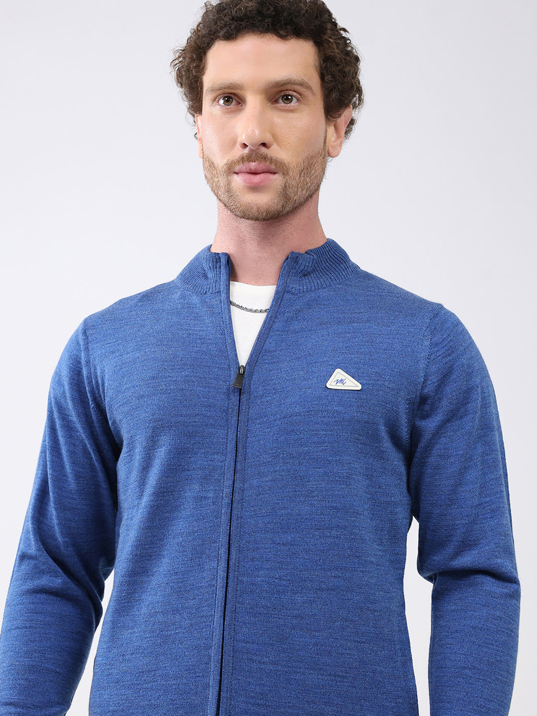 Men Blue Solid Mock Neck Full Sleeve Pullover