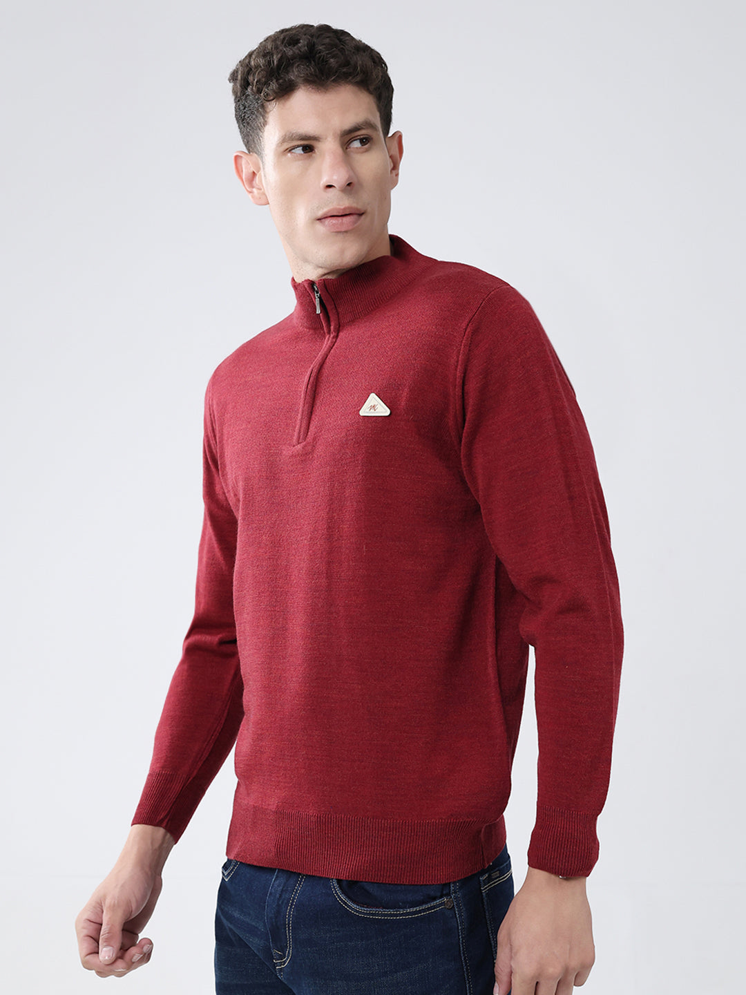 Men Red Solid Mock Neck Full Sleeve Pullover