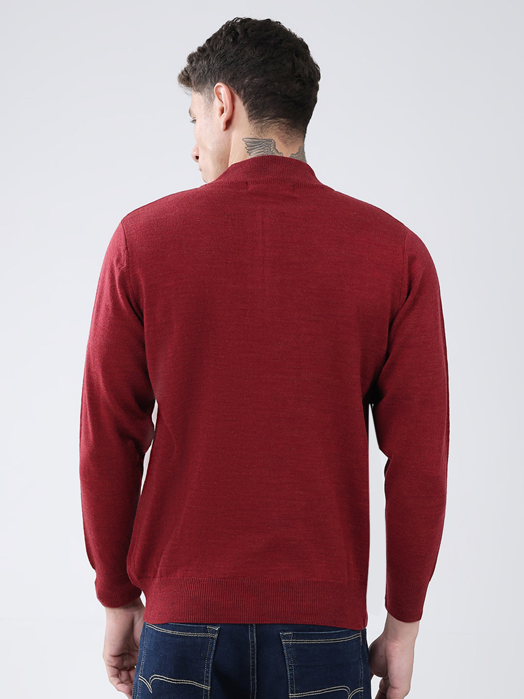 Men Red Solid Mock Neck Full Sleeve Pullover