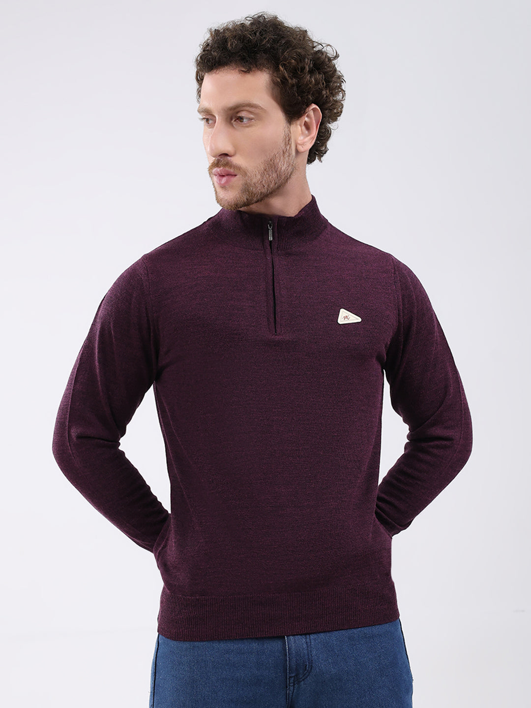 Men Purple Solid Mock Neck Full Sleeve Pullover