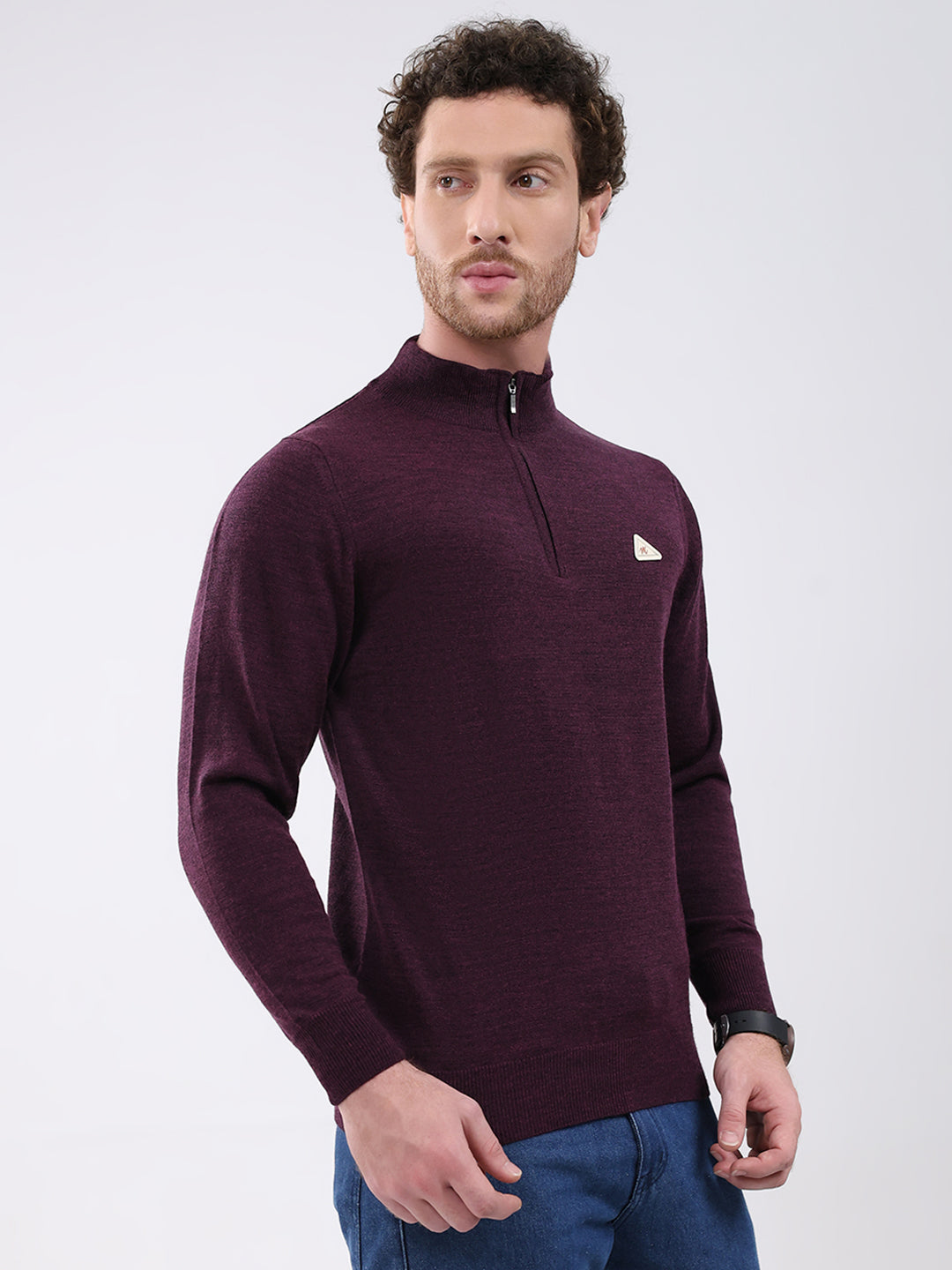 Men Purple Solid Mock Neck Full Sleeve Pullover