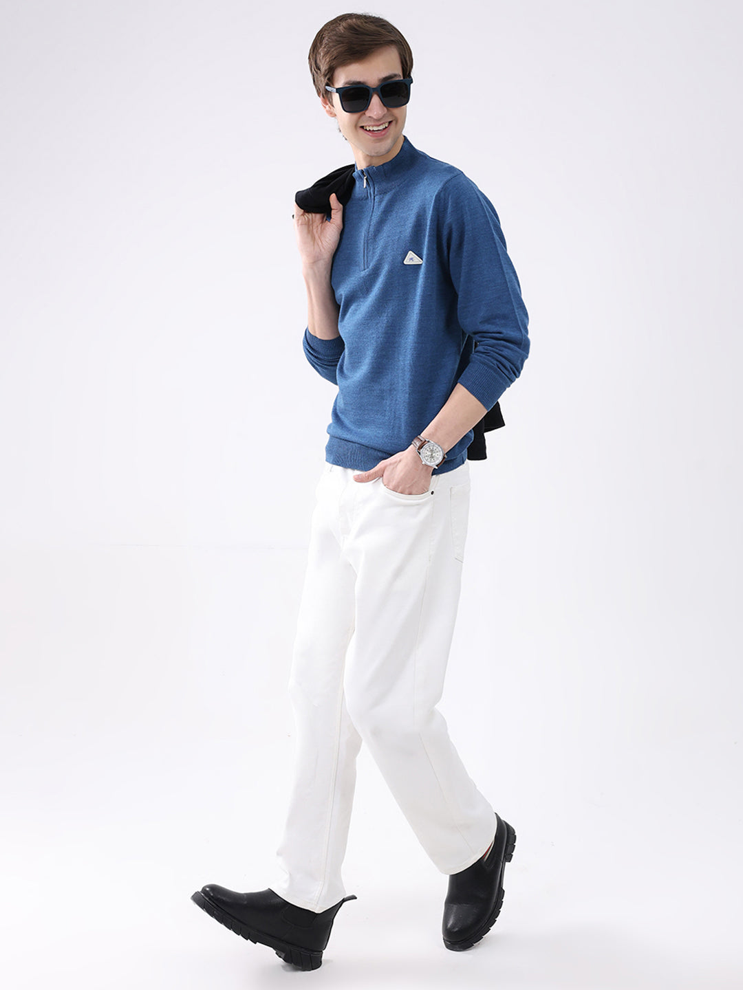 Men Blue Solid Mock Neck Full Sleeve Pullover