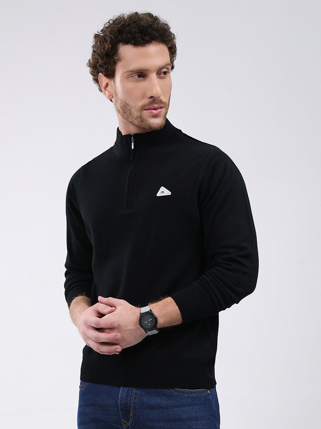 Men Black Solid Mock Neck Full Sleeve Pullover